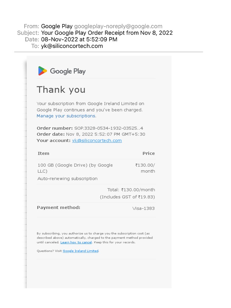 Google Play Subscription Receipt Details | PDF