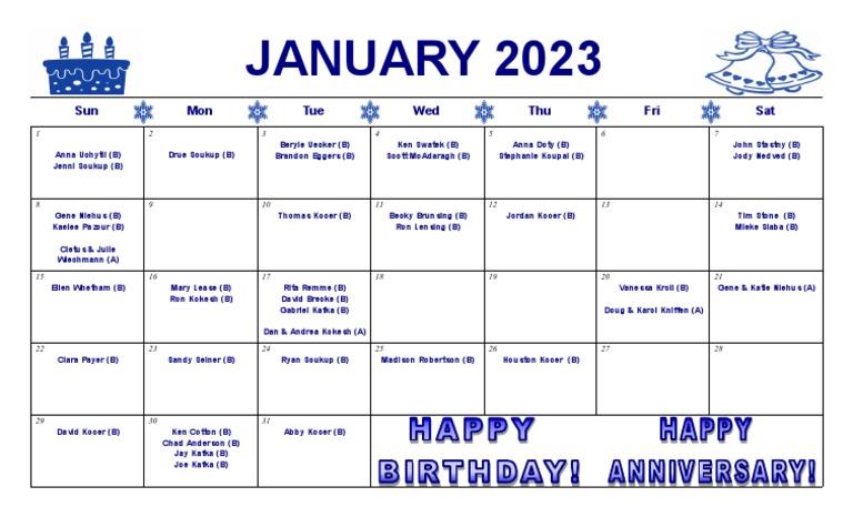 January 2023 Birthdays and Anniversaries PDF