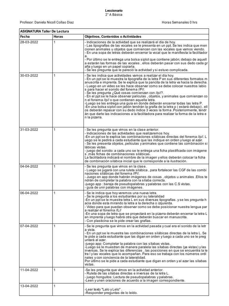 Leccionario - Taller de Lectura - 2° - A - Básica | PDF | Sílaba | Palabra