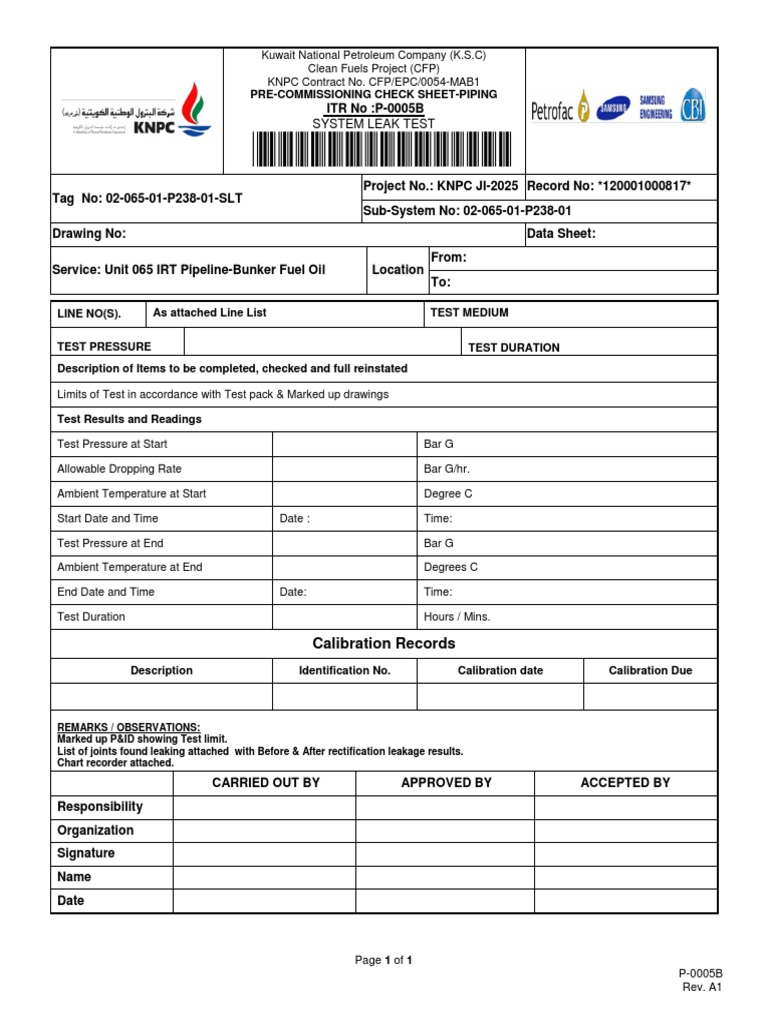 KNPC Clean Fuels Project Piping Test Sheet | PDF