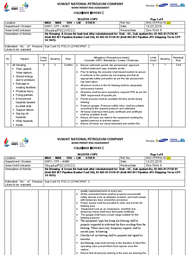Air Blowing & Leak Test Risk Assessment | PDF
