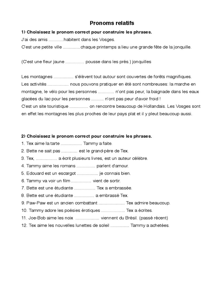 Exercices sur les pronoms relatifs | PDF | Études des langues ...