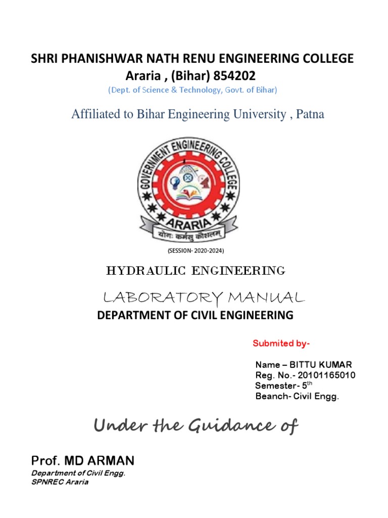 Hydraulic Engineering Lab Manual PDF Reynolds Number Fluid Dynamics