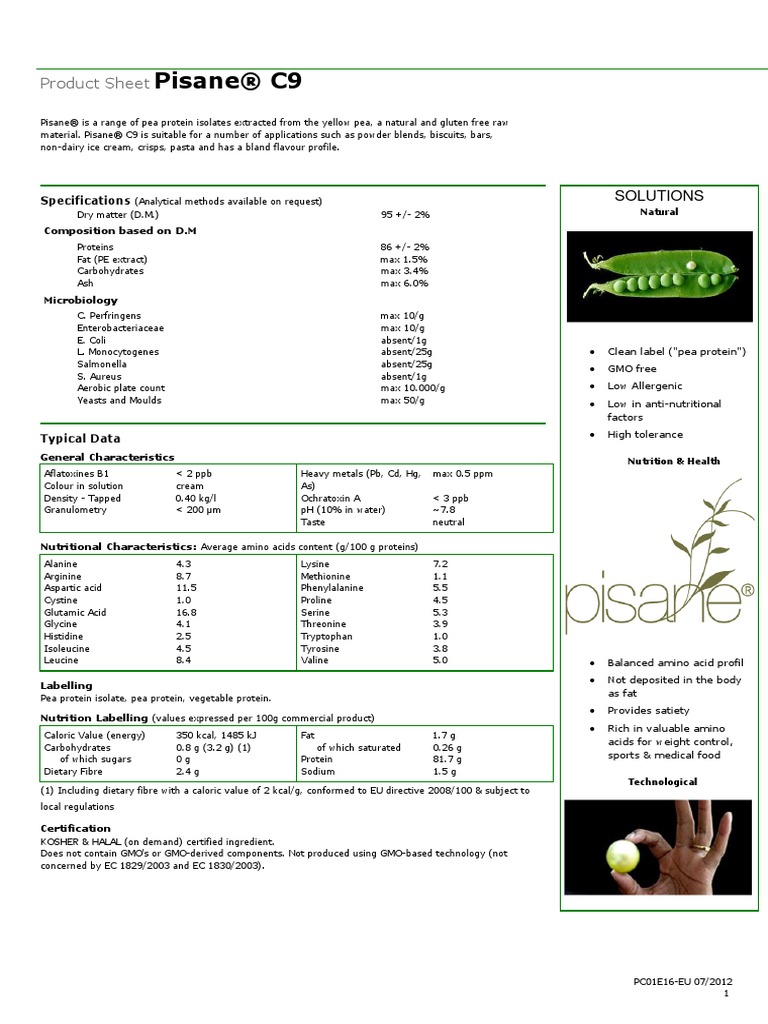 Cosucra-Pisane Pea Protein 86 Specification | PDF