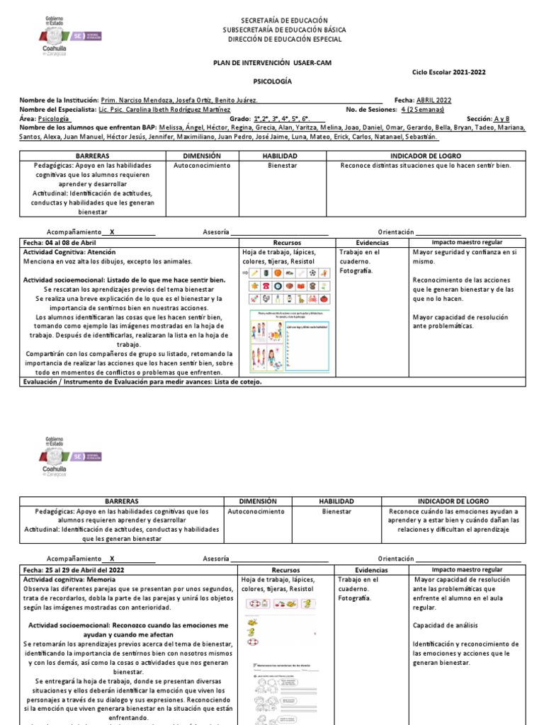 Plan de Intervención Psicológica Escolar | PDF | Las emociones ...