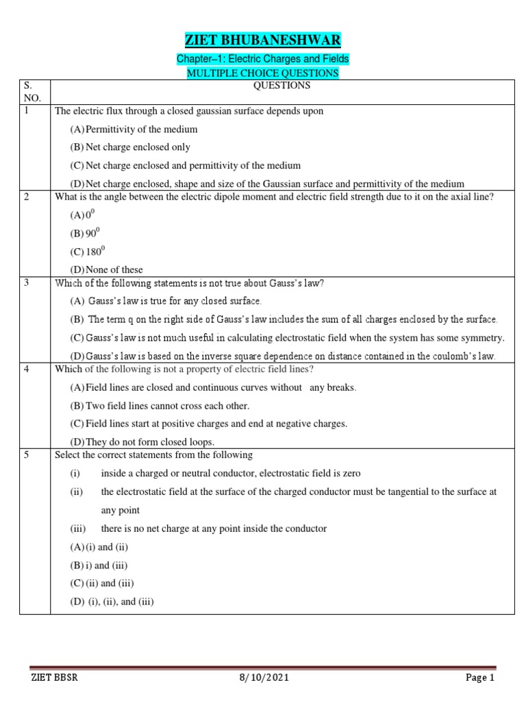 Physics XII CH 1 MCQ Electric Charges and Fields PDF Electric Charge Electric Field