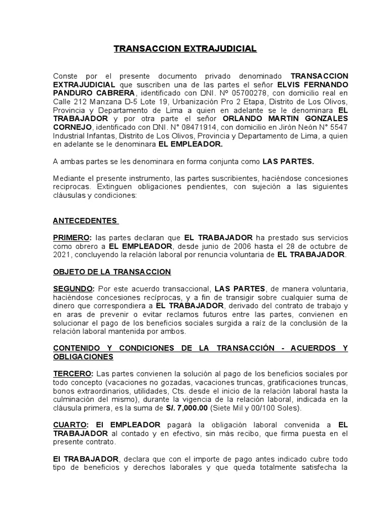 Transaccion Extrajudicial Beneficios Laborales | PDF | Justicia ...