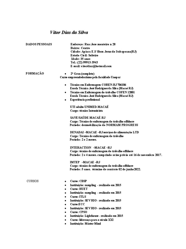 Currículo de Vitor Dias da Silva | PDF