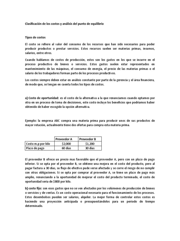 Análisis de Costos y Punto de Equilibrio | PDF | Costo | Costo de ...