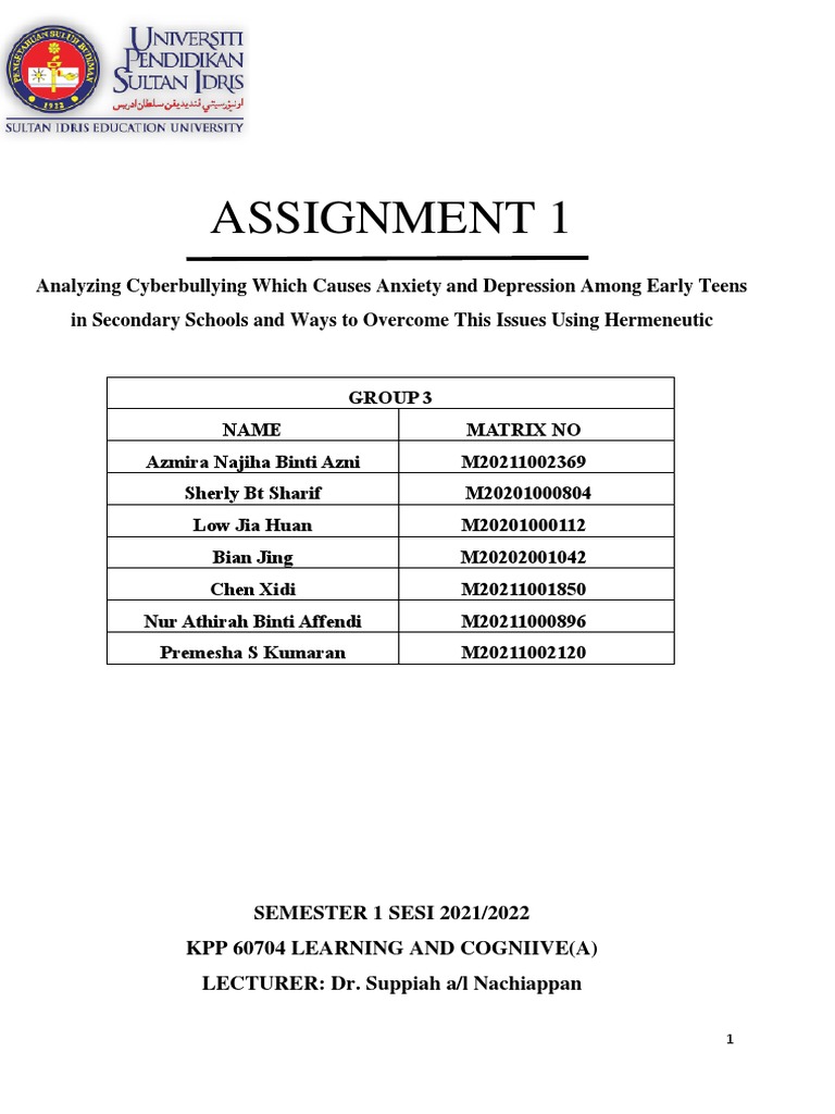 Assignment 1: EMESTER 1 SESI 2021/2022 KPP 60704 Learning and Cogniive ...