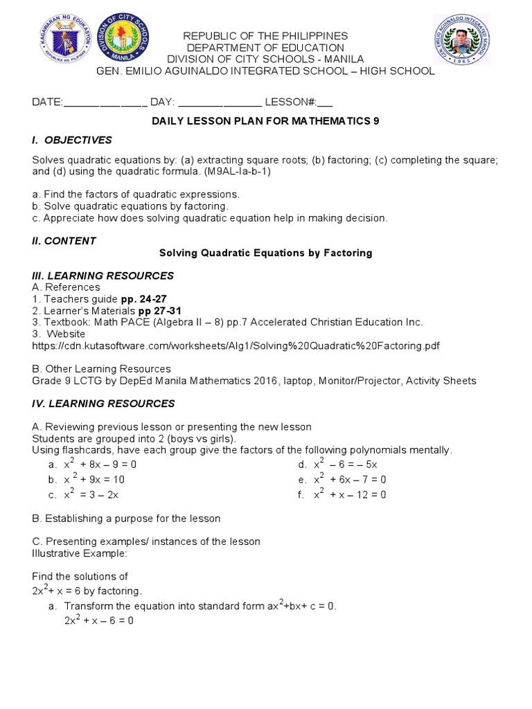 LESSON 4 - Solving Quadratic Equations by Factoring 2 | PDF | Equations ...