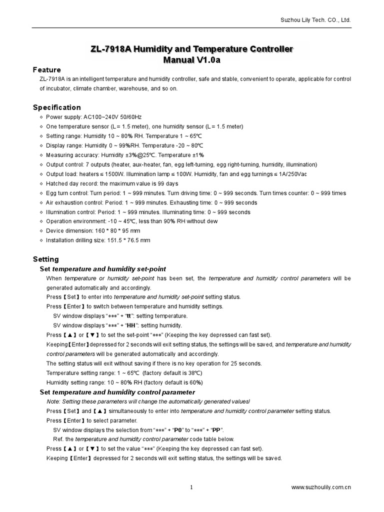 ZL-7918A Humidity and Temperature Controller Manual V1.0a: Feature ...