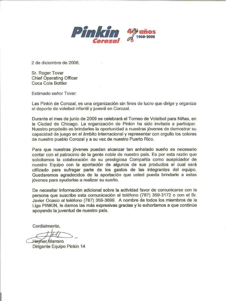 Carta Auspicio Coca Cola Pinkin
