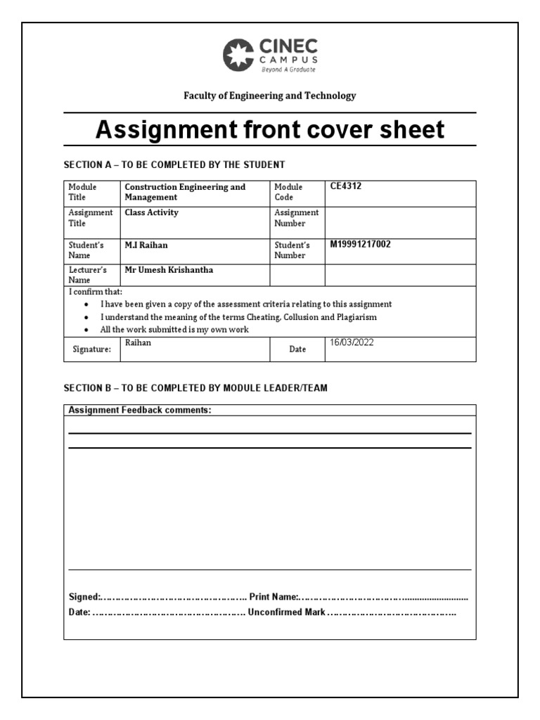 Assignment Front Cover Sheet: Faculty of Engineering and Technology ...