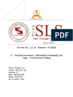 III Year B.A., LL. B - Semester-VI (2023) 1 - Internal Assessment - Information Technology Law Topic - Critical Essay Writing