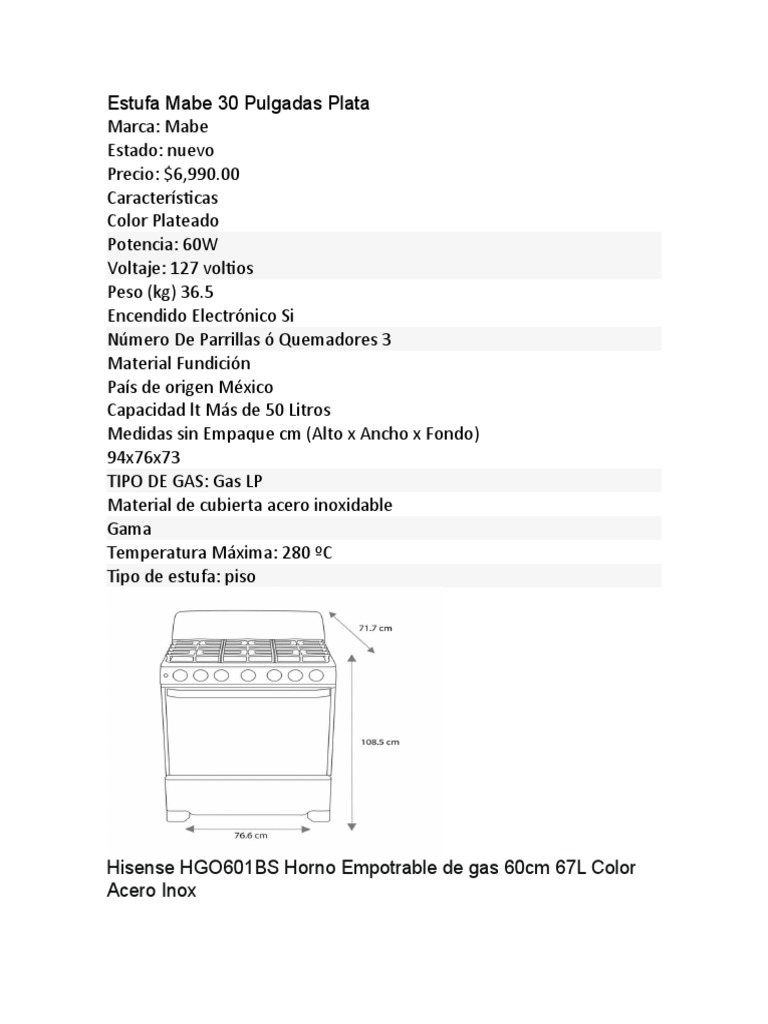 Horno gas Hisense capacidad 67 L