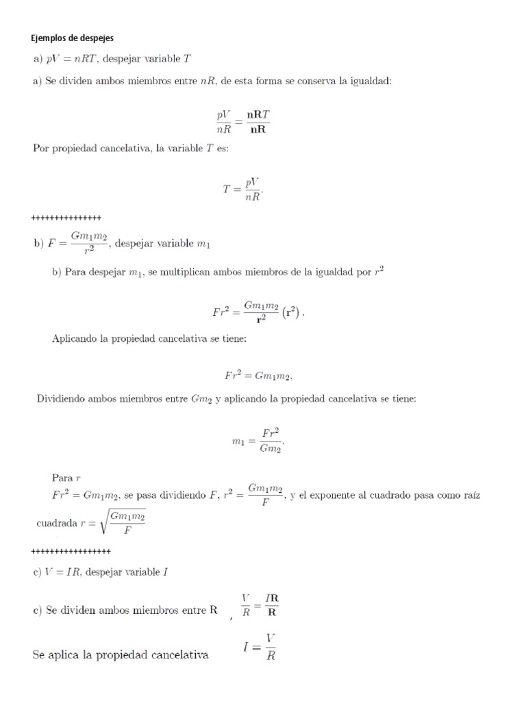 Ejemplos de Despejes (Algebra) | PDF