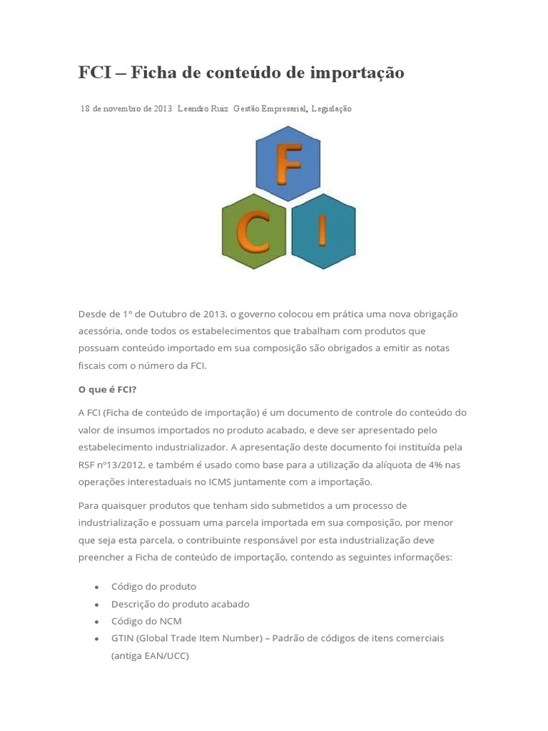 FCI - Ficha de Conteúdo de Importação: orientações completas sobre o ...