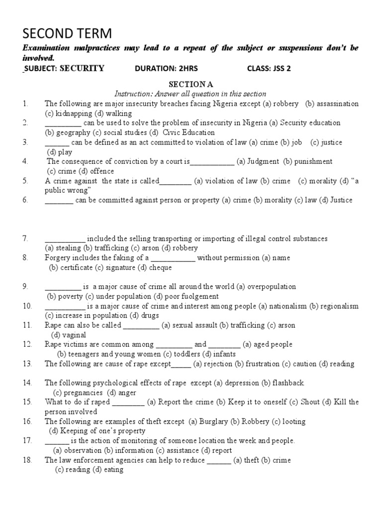 JSS2 Security Education Exam Questions | PDF | Rape | Crimes