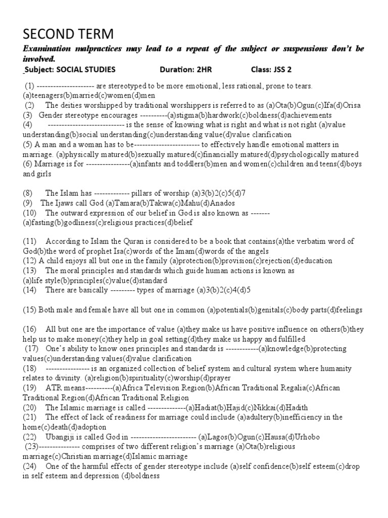 JSS 2 SECOND TERM SOCIAL STUDIES EXAMINATION (Replica) PDF Hadith