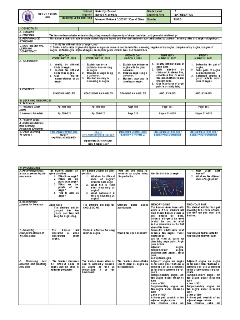 Math 7 Daily Lesson Log Week2 | PDF | Angle | Shape
