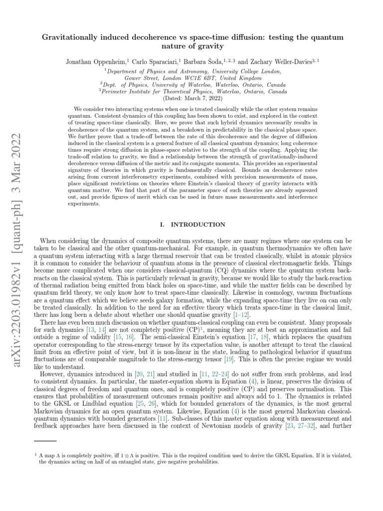 Quantum Gravity: Decoherence vs. Diffusion | PDF | Gravity | Quantum ...