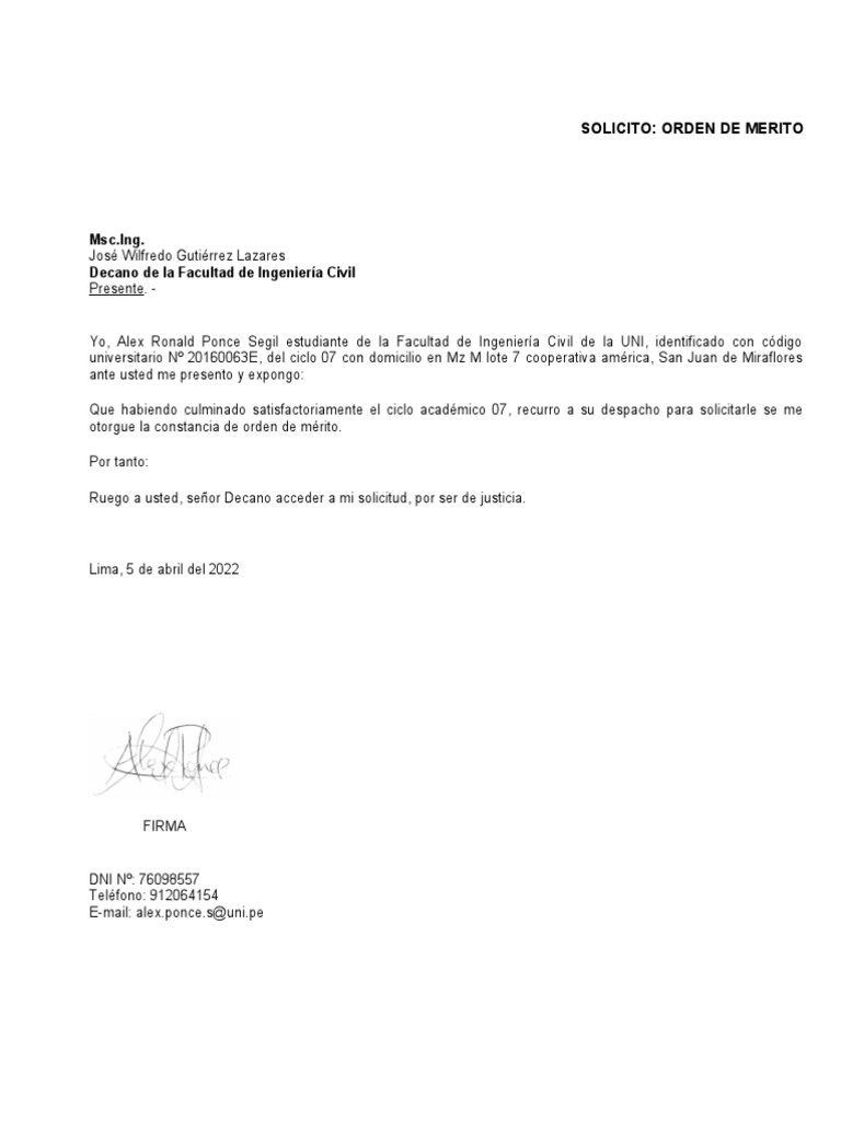 Solicitud Orden de Merito | PDF