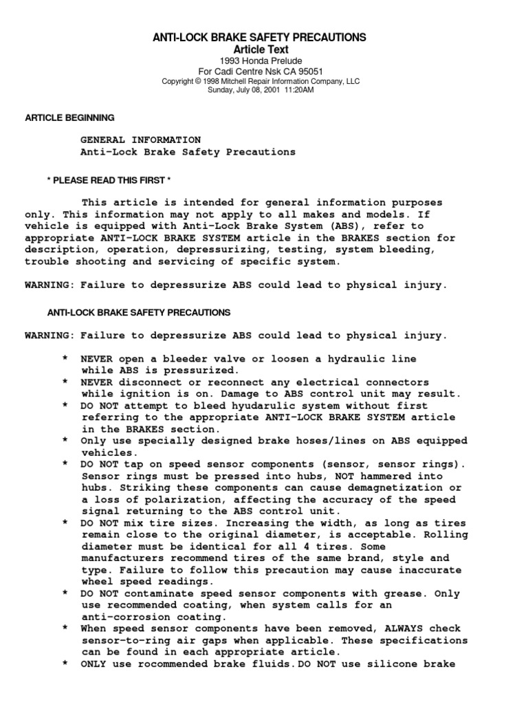 Antilock brake safety precautions PDF Anti Lock Braking System Brake