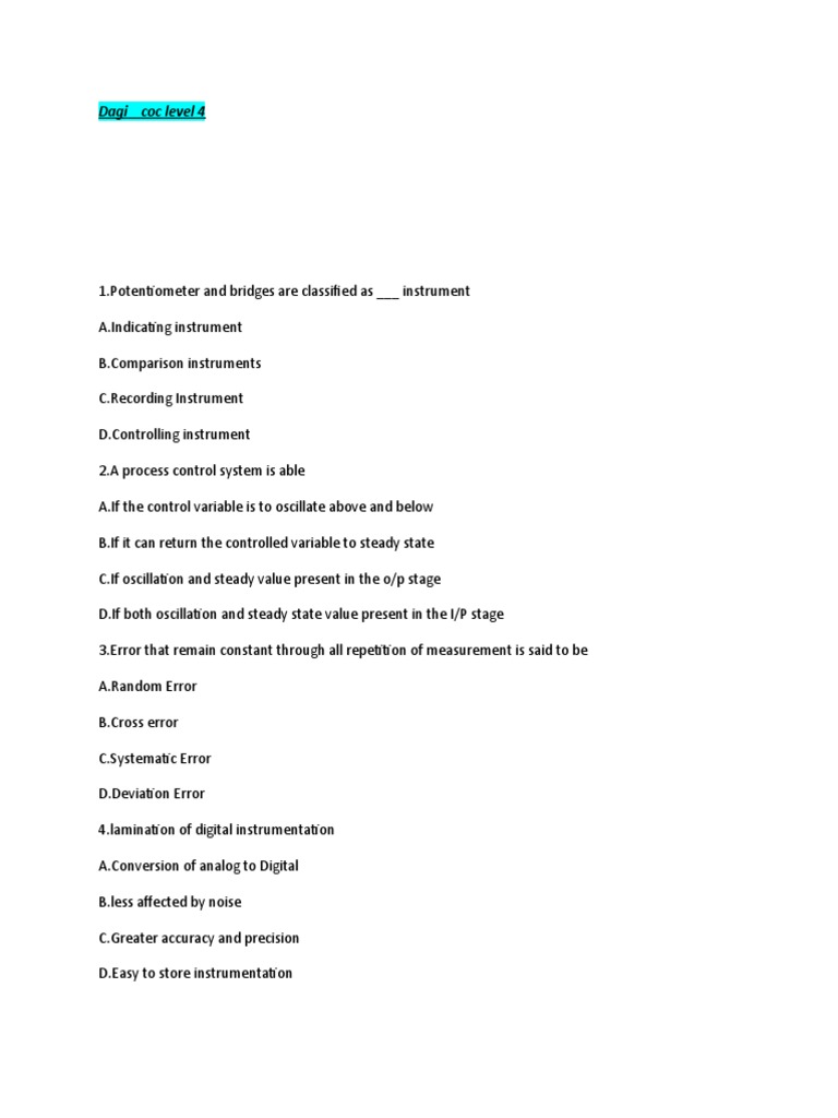 Review Questions on Instrumentation and Process Control Fundamentals PDF Electric Motor