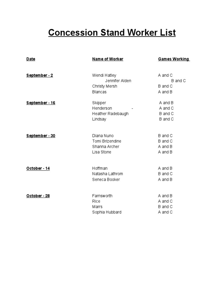 Concession Stand Worker List Date Name of Worker Games Working PDF
