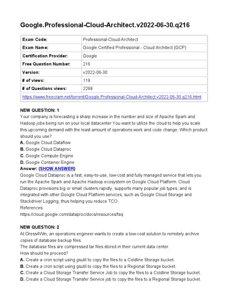 Google - Professional Cloud Architect.v2022 06 30.q216 | PDF | Cloud ...
