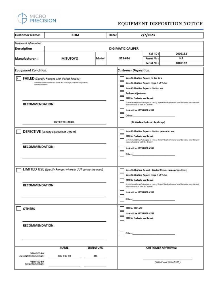 Equipment Disposition Notice Failed PDF Calibration
