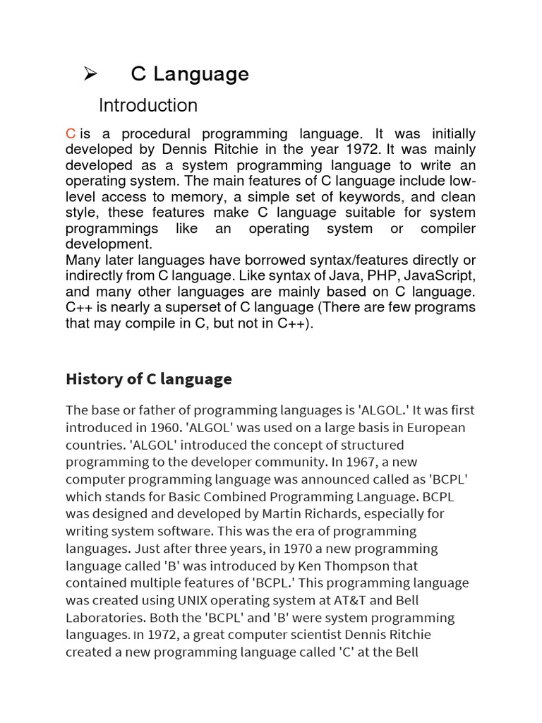Introduction Of C Language Notes By Code