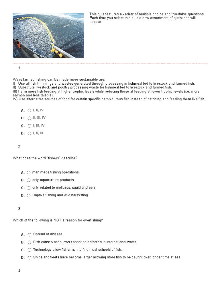 Sustainable Fishing Quiz Multiple Choice Questions on Farmed Fishing