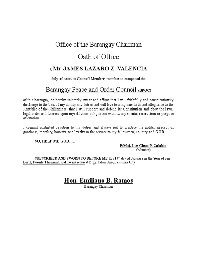 Barangay Oath of Office - James Lazaro | PDF