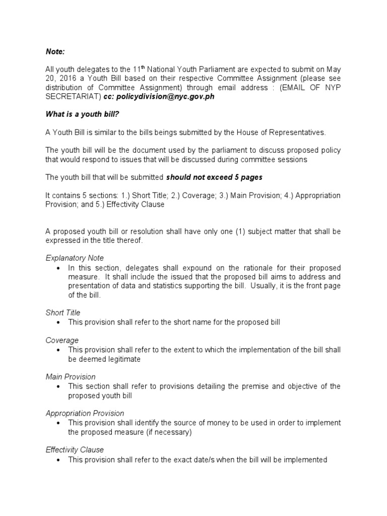 Youth Bill Submission Guidelines | PDF | Bill (Law) | Legal Documents