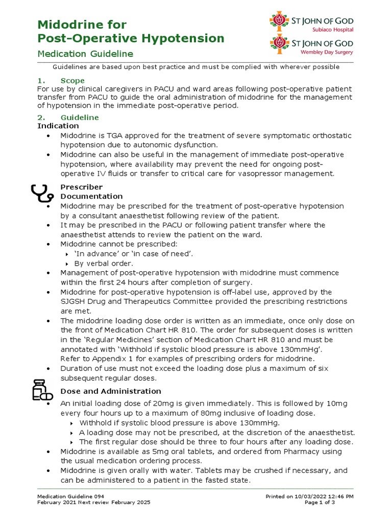 Midodrine Guidelines for Post-Op Hypotension | PDF | Blood Pressure ...