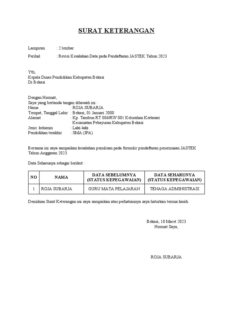 Surat Keterangan Roja Subarja | PDF