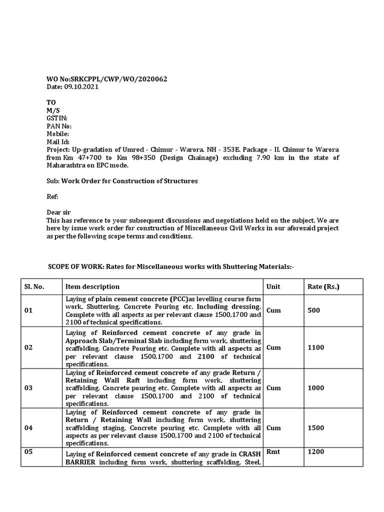 Structure Work Order Format | Download Free PDF | Concrete | Civil