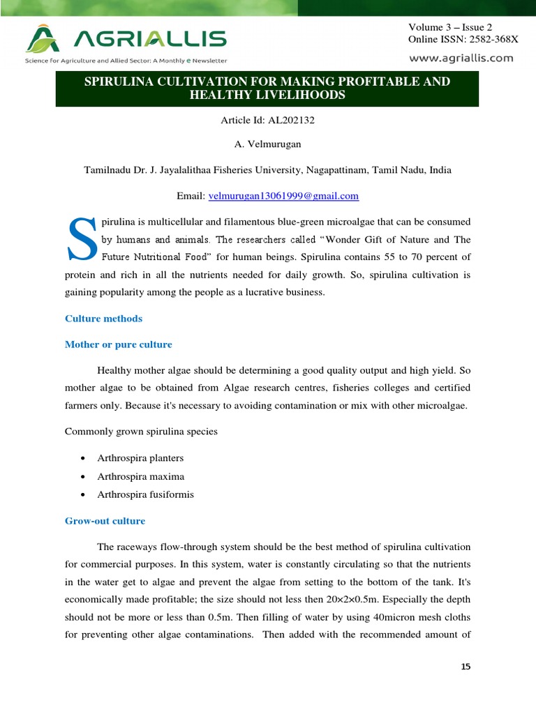 Spirulina Cultivation For Making Profitable and Healthy Livelihoods
