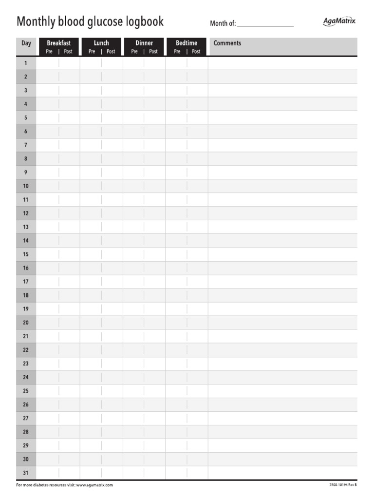 7500-10194 Rev B Artwork Logbook Monthly Blood Glucose Digital | PDF