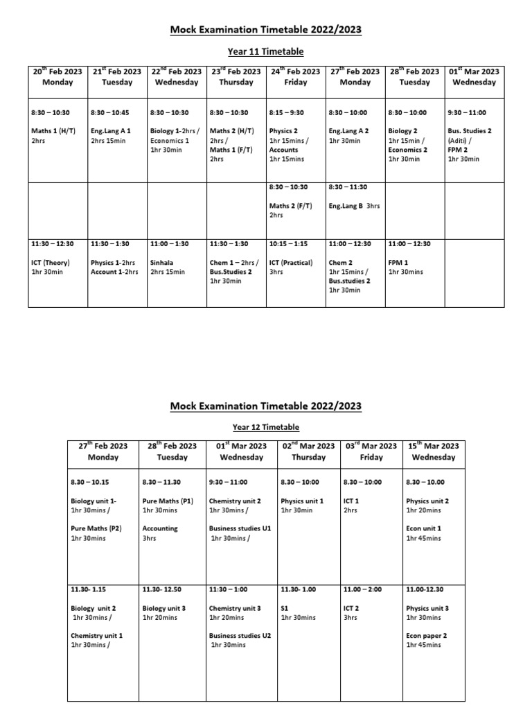 Mock Examination Timetable PDF