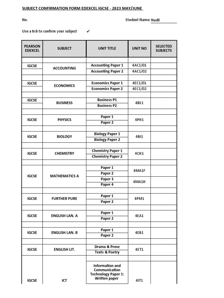 Edexcel IGCSE 2023 Subject Confirmation Form | PDF