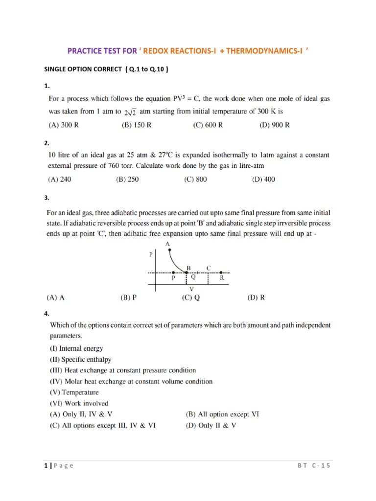 Practice Test For: Redox Reactions-I + Thermodynamics-I ' | PDF ...