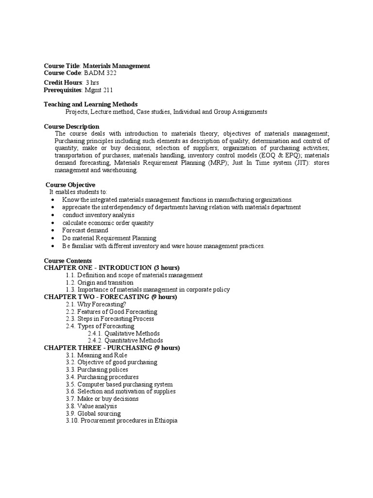 An Introduction to Materials Management Course Objectives, Content