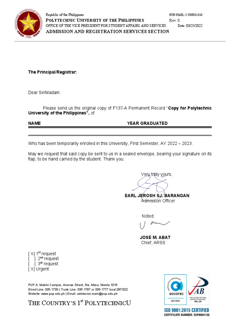 Request letter for form 137a with cover letter pdf universities and