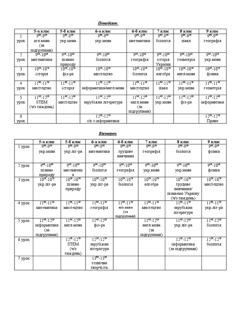 розклад старша школа 2 семестр | PDF