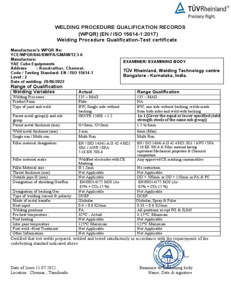 Welding Procedure Qualification Records (WPQR) (EN / ISO 1561412017