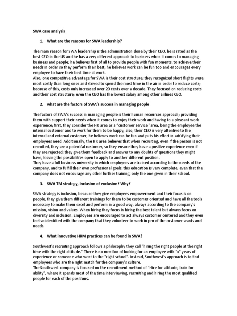 SWA Case Analysis 1. What Are The Reasons For SWA Leadership? PDF