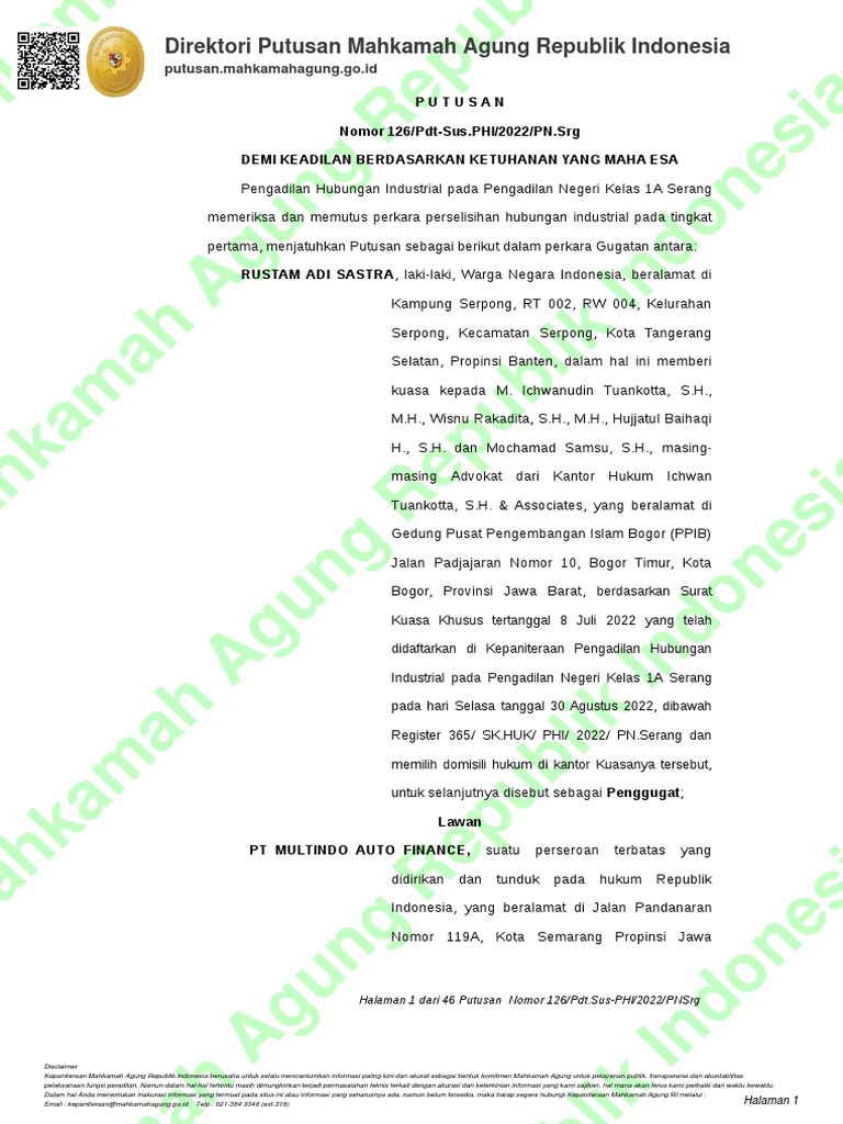 Putusan PHI: Rustam vs PT Multindo | PDF